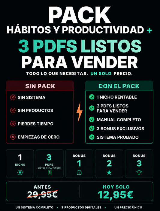 Pack hábitos y productividad + Biblioteca PLR — 3 PDFs Listos para Vender